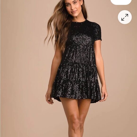 Lulus Taking a Shine Black Sequin Babydoll Mini Dress  L - Picture 1 of 9
